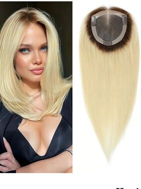 Remy Human Hair Topper 14 Inch Straight BLONDE WITH ROOTS Clip In Hair Piece NEW